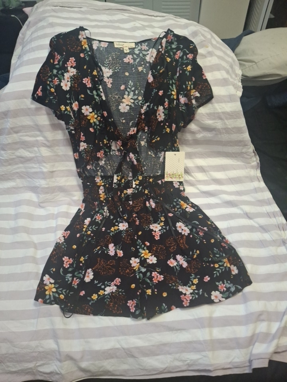 BeBop Black Floral V-Neck Romper with Pink & Yellow Flowers